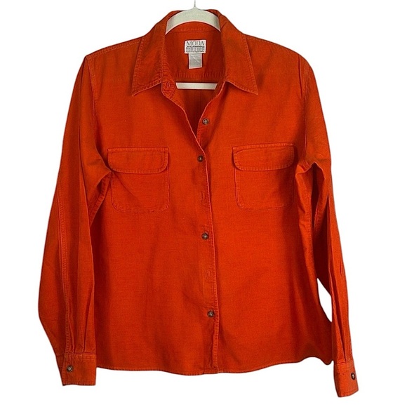 Moda International corduroy long sleeve pockets button down shirt Sz L Orange - Picture 1 of 11